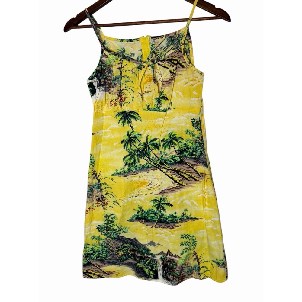 Elan USA Vintage Mini Sundress Yellow Hawaiian Tropical Print Cotton Small